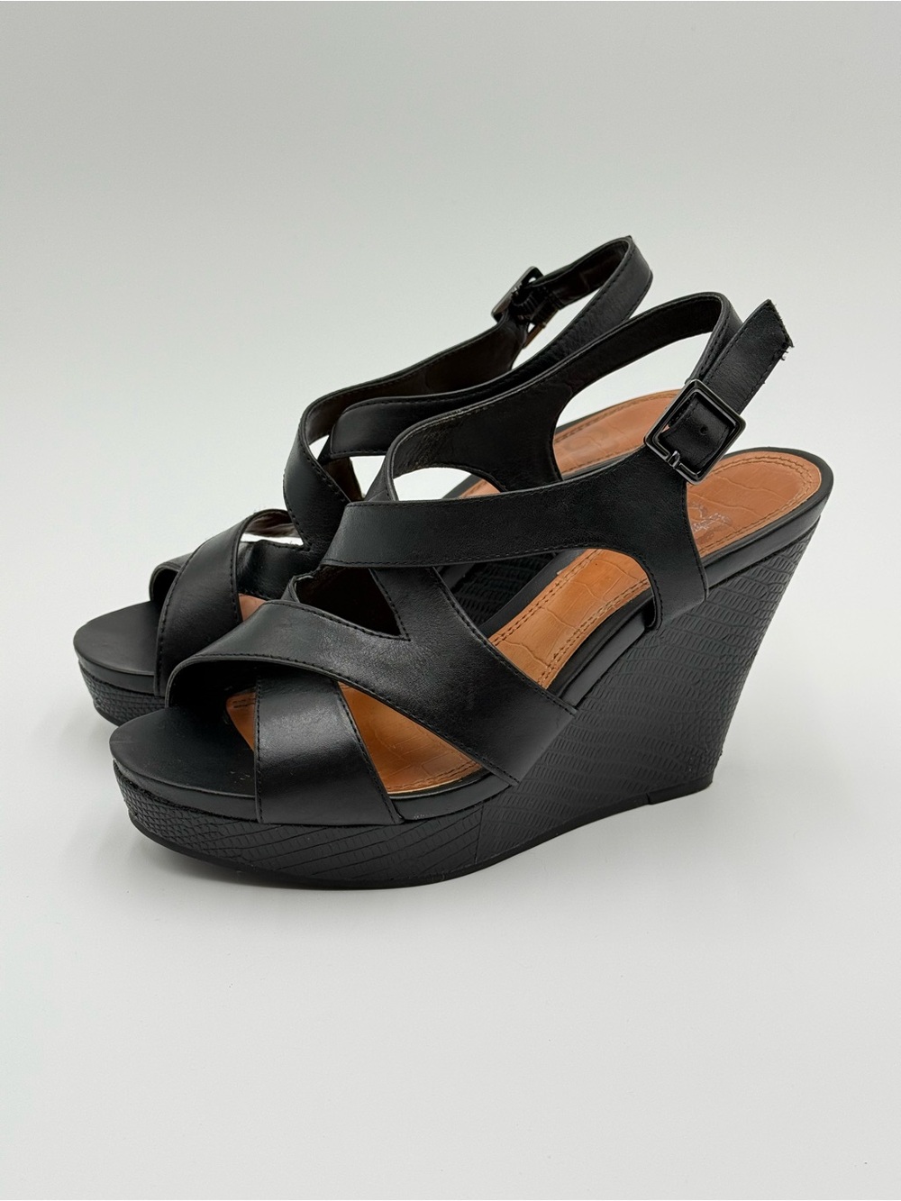 Gianni Bini Black Leather Platform Wedge Sandals Women’s Size 7.5 Strappy Heels